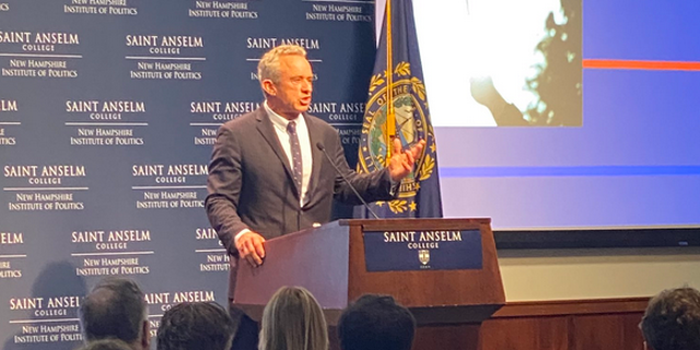 Environmental lawyer and anti-vaccine advocate Robert F. Kennedy Jr. speaks at Saint Anselm College's New Hampshire Institute of Politics March 3, 2023, in Goffstown, N.H. Kennedy will launch a Democratic presidential campaign April 19. 