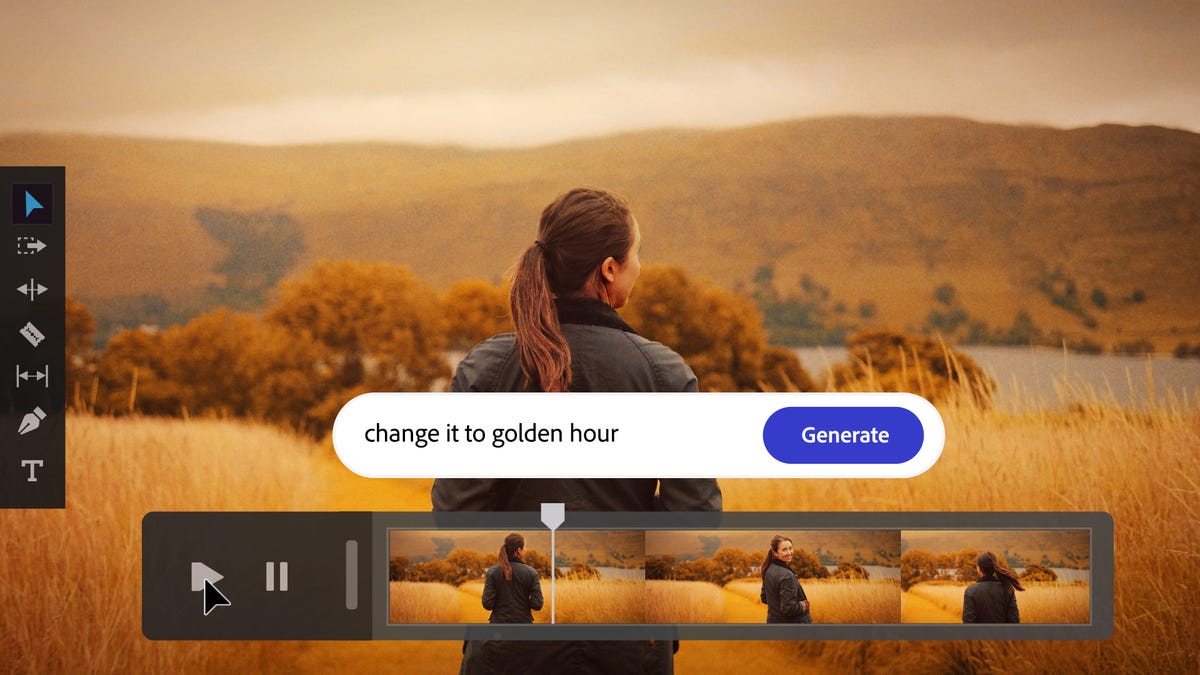 A screen mockup of Firefly's automated video color adjustments showing an evening landscape with a woman's back in the foreground and text entry field with 