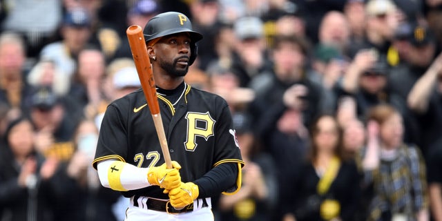 Andrew McCutchen, #22 of the Pittsburgh Pirates, bats in the first inning during the game between the Chicago White Sox and the Pittsburgh Pirates at PNC Park on Friday, April 7, 2023, in Pittsburgh, Pennsylvania.