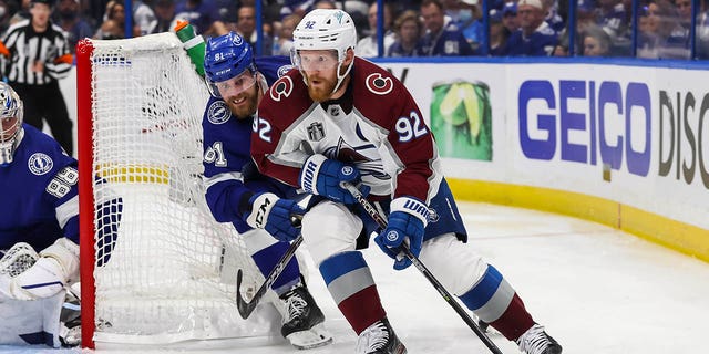 Cernak #81 of the Tampa Bay Lightning chases against Gabriel Landeskog #92 of the Colorado Avalanche during second period in Game Six of the 2022 Stanley Cup Final at Amalie Arena on June 26, 2022 in Tampa, Florida.