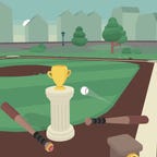 Two baseball bats aiming at a ball flying towards a trophy on a white pedestal in a baseball diamond, a scene in a video game.