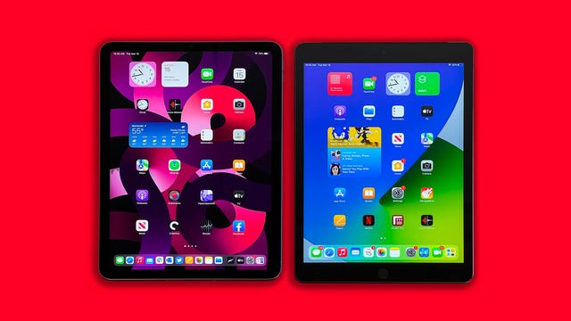 iPad Air 2022 on a red background