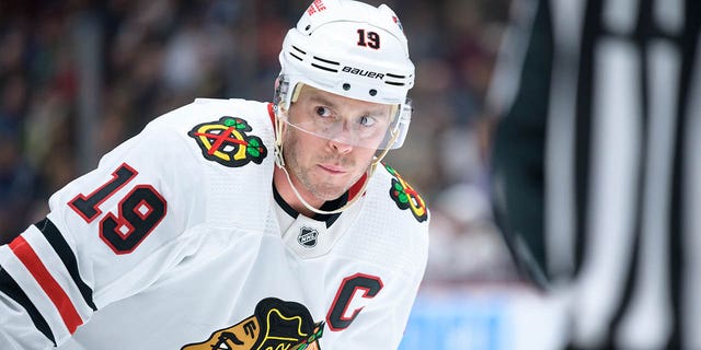 Jonathan Toews of the Chicago Blackhawks waits for a face-off during the third period of a game against the Vancouver Canucks at Rogers Arena Jan. 24, 2023, in Vancouver.