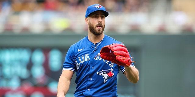 Anthony Bass of the Toronto Blue Jays looks on against the Minnesota Twins in the seventh inning of the game at Target Field on August 7, 2022 in Minneapolis, Minnesota.