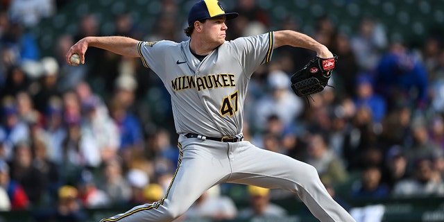 Gus Varland of the Milwaukee Brewers pitches against the Cubs at Wrigley Field on April 2, 2023, in Chicago.