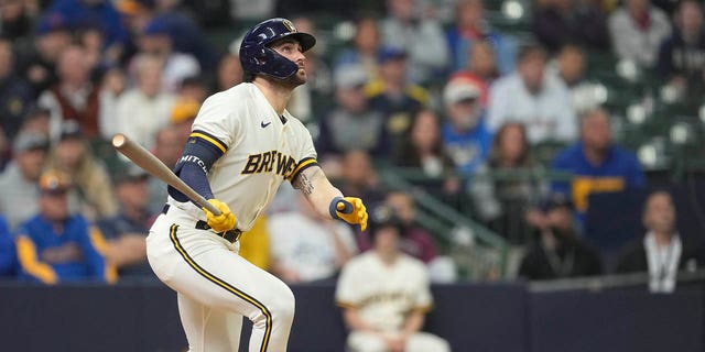 Garrett Mitchell of the Brewers hits a walk-off solo home run against the New York Mets in the ninth inning at American Family Field on April 5, 2023, in Milwaukee, Wisconsin.