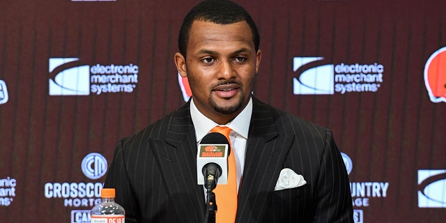 Quarterback Deshaun Watson of the Cleveland Browns speaks during his press conference introducing him as a Cleveland Brown at CrossCountry Mortgage Campus March 25, 2022, in Berea, Ohio.