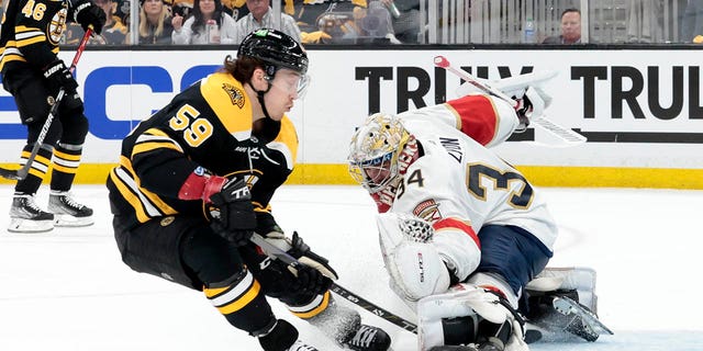 Florida Panthers goalie Alex Lyon stops Bruins right wing Tyler Bertuzzi during the Eastern Conference playoffs contest on April 17, 2023, at TD Garden in Boston.