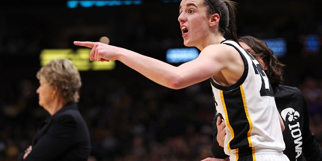 Caitlin Clark of the Iowa Hawkeyes reacts against the LSU Lady Tigers during the NCAA championship game at American Airlines Center on April 2, 2023, in Dallas.