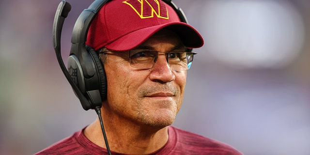 Head coach Ron Rivera of the Washington Commanders reacts during the first half of a preseason game against the Baltimore Ravens at M&amp;T Bank Stadium Aug. 27, 2022, in Baltimore.