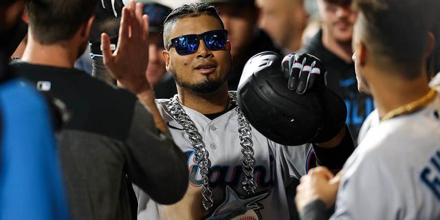 Luis Arraez of the Miami Marlins celebrates after hitting a solo home against the Phillies at Citizens Bank Park on April 11, 2023, in Philadelphia.