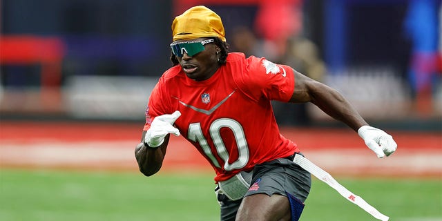 AFC wide receiver Tyreek Hill of the Miami Dolphins runs during an NFL Pro Bowl game at Allegiant Stadium on Feb. 5, 2023, in Las Vegas.