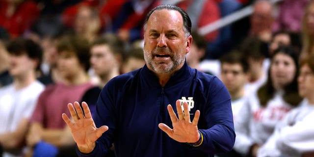 Notre Dame Fighting Irish head coach Mike Brey reacts during their game against the NC State Wolfpack at PNC Arena on Jan. 24, 2023 in Raleigh, North Carolina.