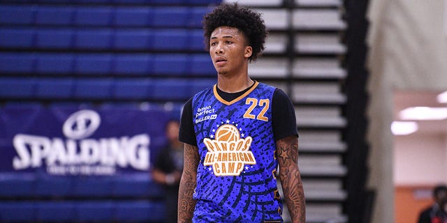 Mikey Williams looks on during the Pangos All-American Camp at Bishop Gorman High School in Las Vegas on June 7, 2022.