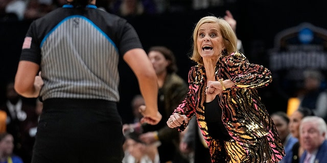 LSU head coach Kim Mulkey reacts during the NCAA Women's Final Four championship game against Iowa, Sunday, April 2, 2023, in Dallas.