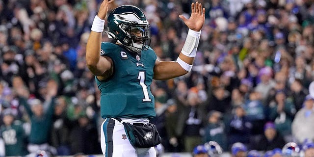 Jalen Hurts of the Eagles reacts after a touchdown against the New York Giants in the NFC divisional playoff game at Lincoln Financial Field on Jan. 21, 2023, in Philadelphia.