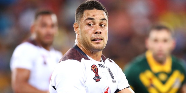 Fiji's Jarryd Hayne runs the ball during the Rugby League World Cup semifinal match against the Kangaroos at Suncorp Stadium on Nov. 24, 2017 in Brisbane, Australia.