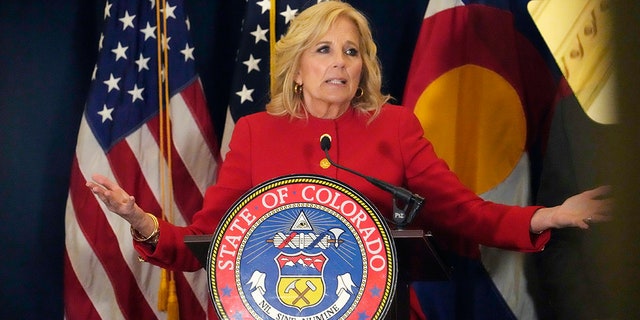 First lady Jill Biden speaks during a stop to attend a roundtable discussion on the federal workforce training program to help community college students earn certificates for entry-level jobs Monday, April 3, 2023, inside the State Capitol in Denver.