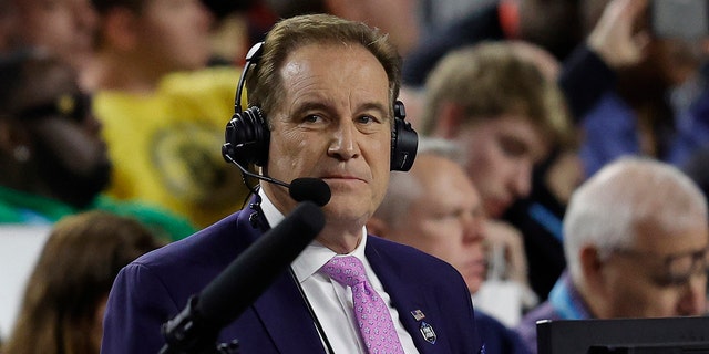 Announcer Jim Nantz calling his final NCAA basketball game, between the San Diego State Aztecs and Connecticut Huskies, at NRG Stadium on April 3, 2023, in Houston, Texas.