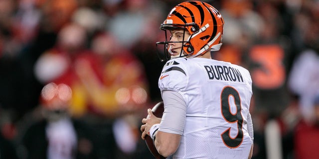 Cincinnati Bengals quarterback Joe Burrow looks to pass against the Chiefs on Jan. 29, 2023, at Arrowhead Stadium in Kansas City, Missouri.