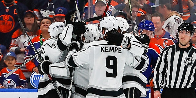 The Los Angeles score the game-tying goal in the third period of game one in the Western Conference First Round of the Edmonton Oilers versus the Los Angeles Kings on April 17, 2023 at Rogers Place in Edmonton, AB.