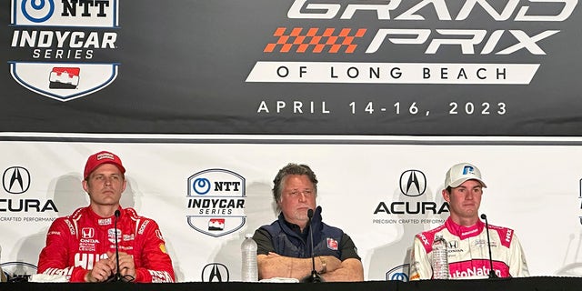 Marcus Ericsson, left, Michael Andretti, center, and Kyle Kirkwood attend a news conference for the IndyCar Grand Prix of Long Beach auto race, Saturday, April 15, 2023 in Long Beach, Calif.