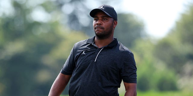 Harold Varner III of the United States plays a second shot on the 14th hole during the second round of the BMW Championship at Wilmington Country Club on August 19, 2022 in Wilmington, Delaware.