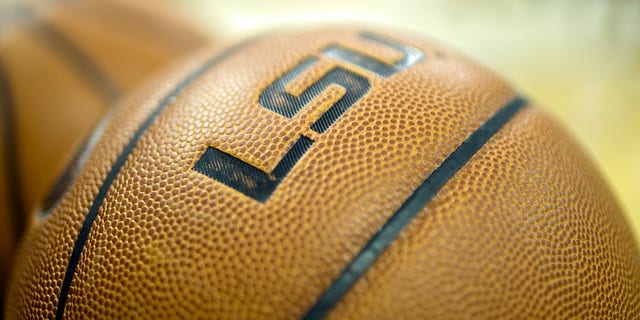 A basketball rests on the baseline during a game in Baton Rouge, La.