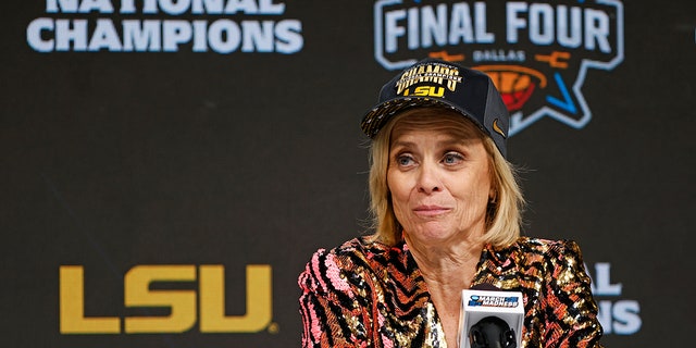 Head coach Kim Mulkey of the LSU Lady Tigers speaks during a press conference after winning the NCAA Women's Basketball Tournament championship at American Airlines Center on April 2, 2023, in Dallas, Texas.