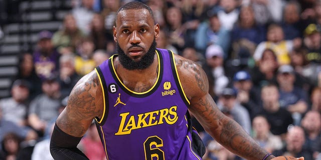 LeBron James #6 of the Los Angeles Lakers goes to the basket during the game on April 4, 2023 at vivint.SmartHome Arena in Salt Lake City, Utah.