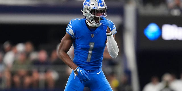 Jeff Okudah of the Detroit Lions gets set against the Dallas Cowboys Oct. 23, 2022, in Arlington, Texas. 