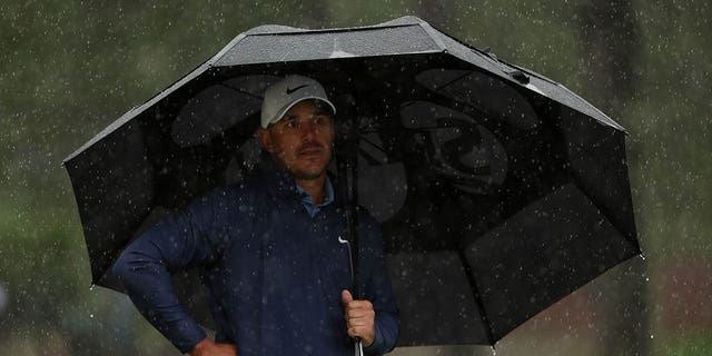 Brooks Koepka of the United States looks on from the seventh green during the third round of the 2023 Masters Tournament at Augusta National Golf Club April 8, 2023, in Augusta, Ga. 