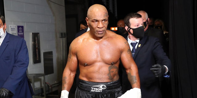 Mike Tyson exits the ring after receiving a split draw against Roy Jones Jr. during Mike Tyson vs Roy Jones Jr. presented by Triller at Staples Center on Nov. 28, 2020 in Los Angeles.