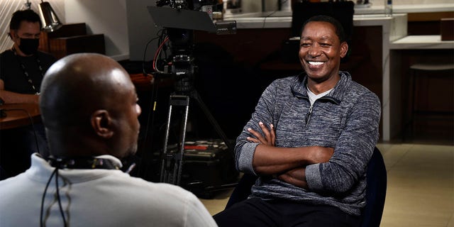 NBA Legend Isiah Thomas of NBA TV prepares for an interview during the 2022 NBA Finals June 12, 2022, at Chase Center in San Francisco. 