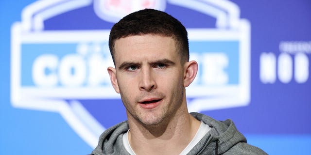 Quarterback Stetson Bennett of Georgia speaks to the media during the NFL Combine at Lucas Oil Stadium on March 03, 2023 in Indianapolis, Indiana.