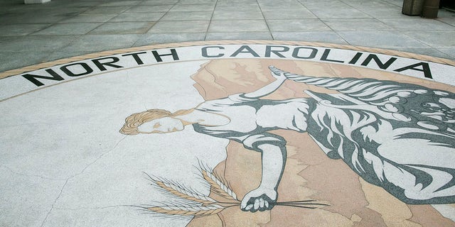 The great seal of North Carolina outside the state legislature building in Raleigh on May 9, 2016.