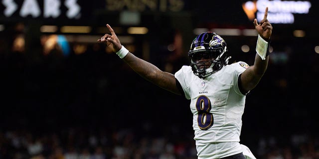 Lamar Jackson of the Baltimore Ravens celebrates after a touchdown against the New Orleans Saints during the second half of a game at Caesars Superdome Nov. 7, 2022, in New Orleans.