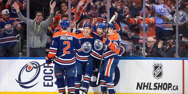 Oilers celebrate a first period goal