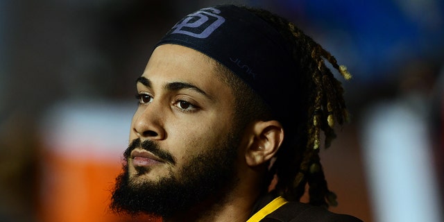 San Diego Padres Infielder Fernando Tatis Jr. (23) in the dugout during a game against the Los Angeles Dodgers played on September 29, 2021, at Dodger Stadium in Los Angeles, CA.