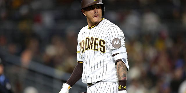 Manny Machado of the San Diego Padres reacts after flying out during the seventh inning of a game against the Arizona Diamondbacks at PETCO Park April 3, 2023, in San Diego. 