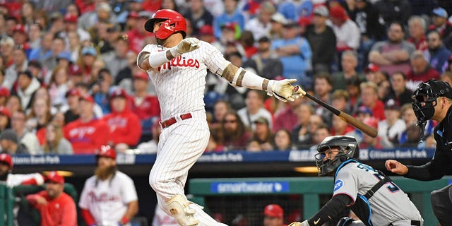 Philadelphia Phillies right fielder Nick Castellanos watches his RBI double against the Miami Marlins during the third inning at Citizens Bank Park. 