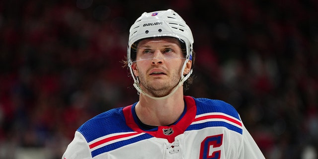 Jacob Trouba #8 of the New York Rangers is seen during the first period against the Carolina Hurricanes at PNC Arena on March 23, 2023 in Raleigh, North Carolina.