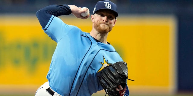 Tampa Bay Rays starting pitcher Drew Rasmussen delivers to the Oakland Athletics on Sunday, April 9, 2023, in St. Petersburg, Florida.