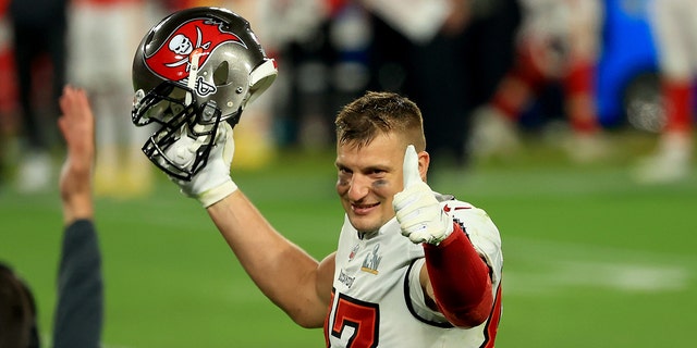 Rob Gronkowski #87 of the Tampa Bay Buccaneers reacts after defeating the Kansas City Chiefs in Super Bowl LV at Raymond James Stadium on February 07, 2021 in Tampa, Florida.