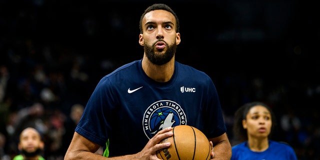 Rudy Gobert of the Timberwolves warms up before the New Orleans Pelicans game at Target Center on April 9, 2023, in Minneapolis, Minnesota.