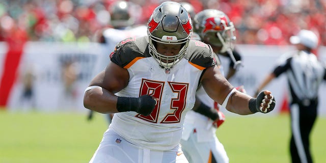 Gerald McCoy of the Buccaneers celebrates a stop against the Jacksonville Jaguars on Sept. 16, 2018, at Raymond James Stadium in Tampa, Florida.