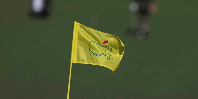 Closeup of a flag with Masters logo during Friday play at Augusta National. Augusta, Georgia, April 8, 2022.