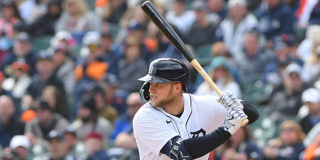 Austin Meadows, #17 of the Detroit Tigers, bats during the Opening Day game against the Boston Red Sox at Comerica Park on April 6, 2023, in Detroit, Michigan. The Red Sox defeated the Tigers 6-3.  