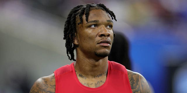 Quarterback Anthony Richardson of Florida during the NFL Combine at Lucas Oil Stadium on March 4, 2023, in Indianapolis, Indiana.