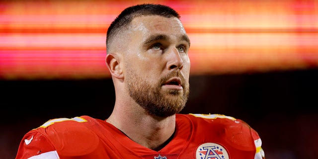 Travis Kelce of the Kansas City Chiefs stands on the sidelines during a game against the Tennessee Titans at Arrowhead Stadium Nov. 6, 2022, in Kansas City, Mo.